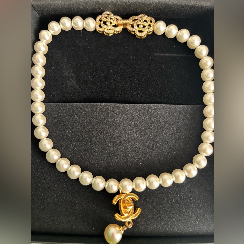CHANEL Pearl Necklace with Gold Details